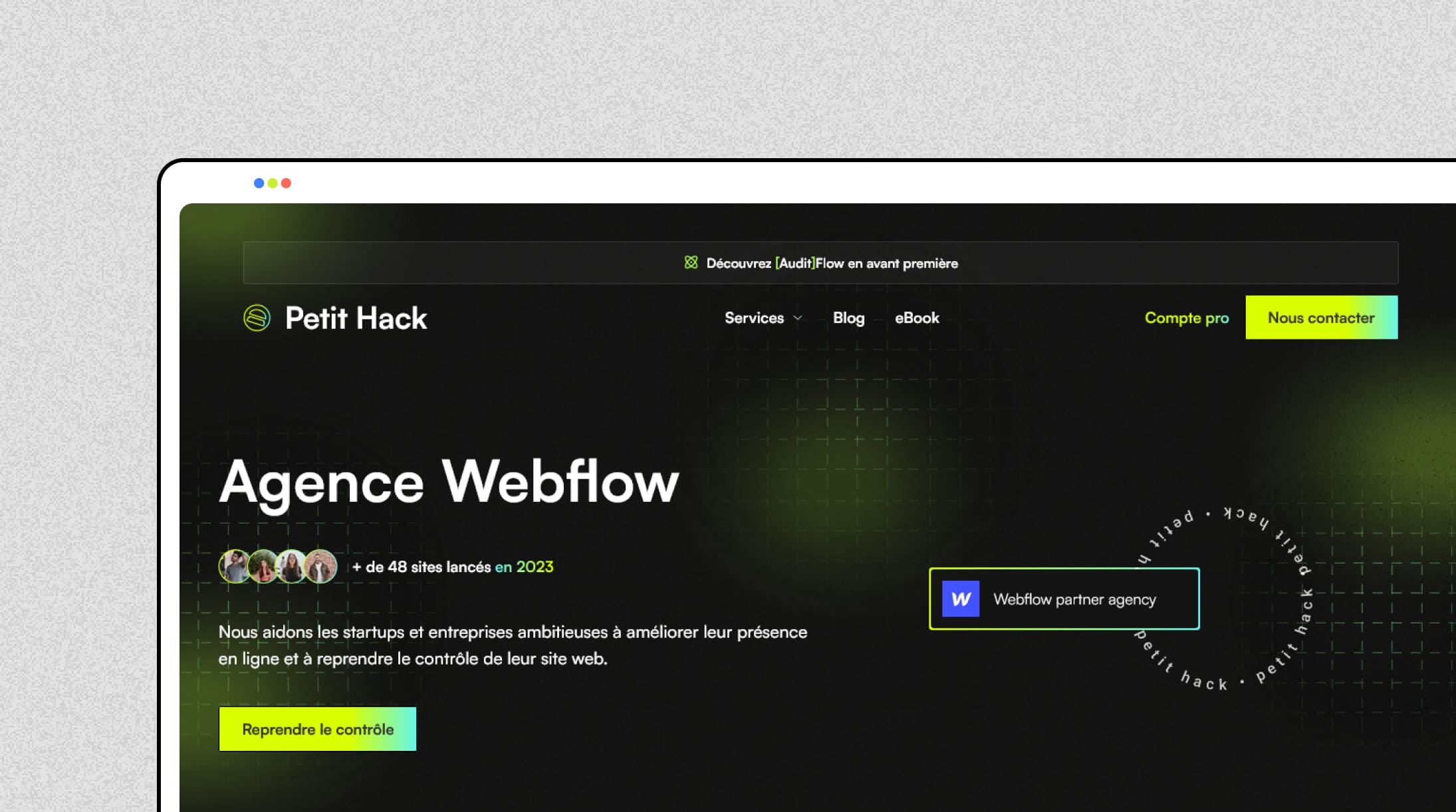 Aperçu du site de l'agence Webflow Petit Hack