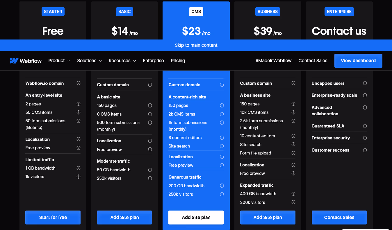 tarification webflow
