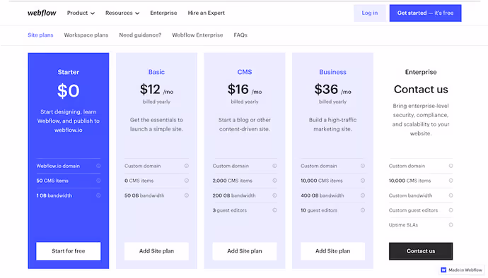 Webflow vs. Bubble : Tarification